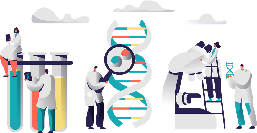 Equipe de cientista profissional examinando célula de DNA  Ilustração