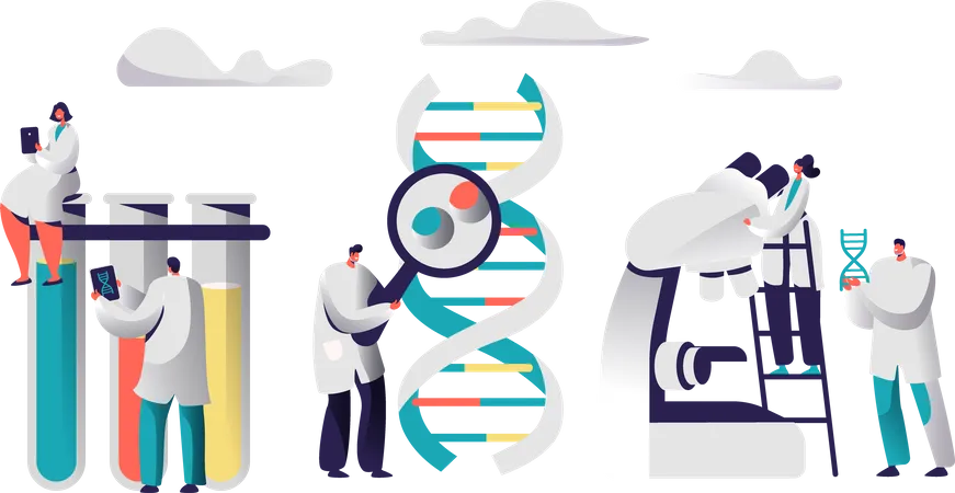 Equipe de cientista profissional examinando célula de DNA  Ilustração