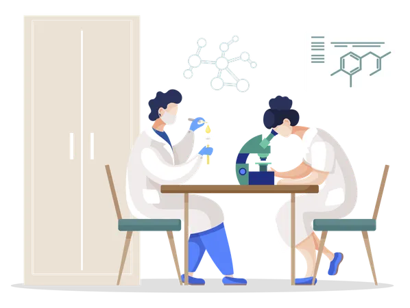 Equipe de cientistas em laboratório, químicos em laboratório  Ilustração