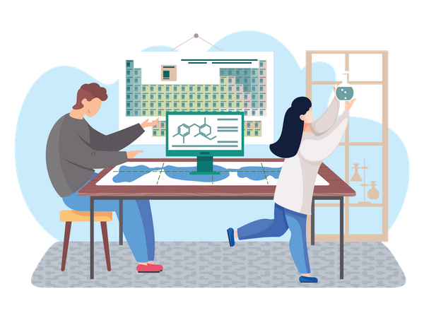 Equipe de cientistas fazendo experimento usando tabela periódica  Ilustração