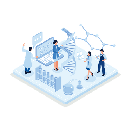 Equipe de cientistas fazendo pesquisas juntos  Ilustração