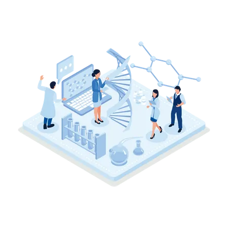 Equipe de cientistas fazendo pesquisas juntos  Ilustração