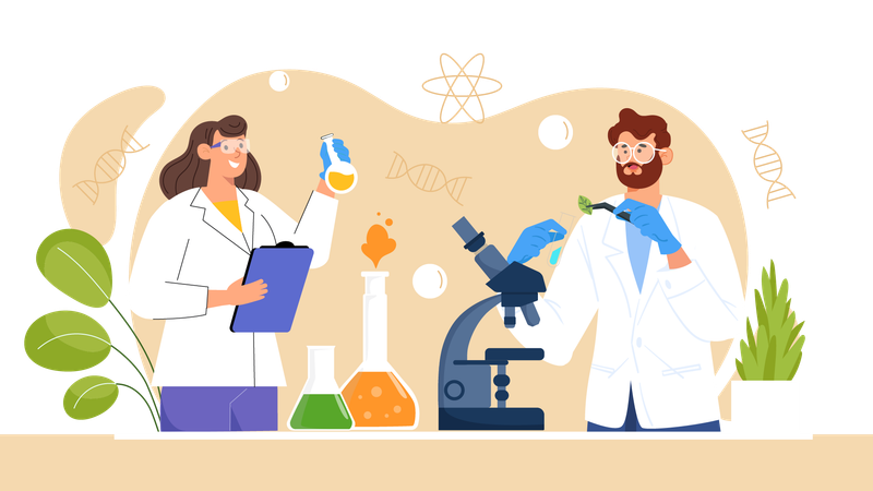 Equipe de cientistas trabalhando dentro do laboratório  Ilustração