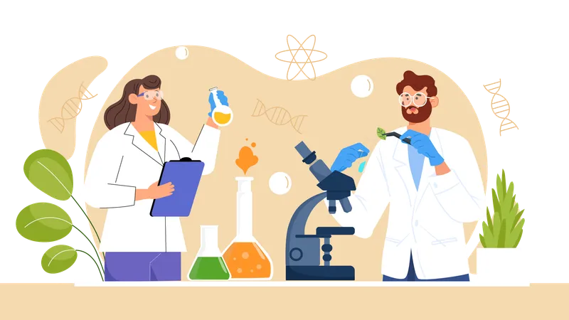 Equipe de cientistas trabalhando dentro do laboratório  Ilustração