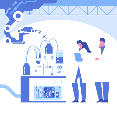 Equipe de cientistas trabalhando em laboratório científico automatizado químico  Ilustração