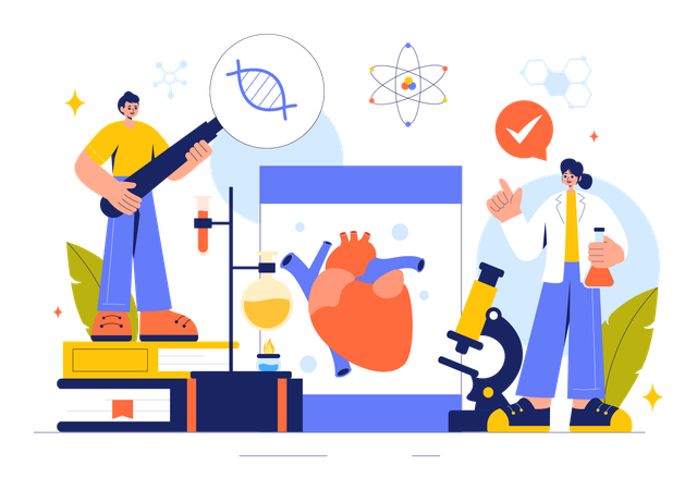 Equipe de cientistas trabalhando em pesquisa cardíaca  Ilustração