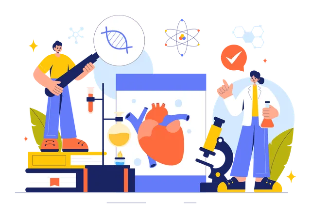 Equipe de cientistas trabalhando em pesquisa cardíaca  Ilustração