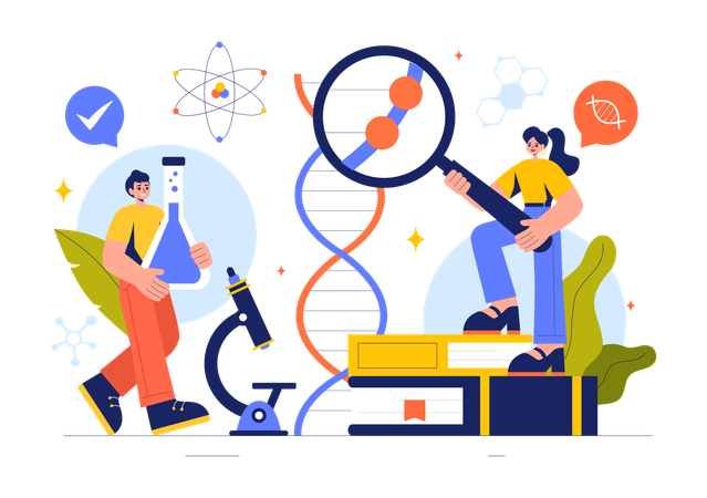 Equipe de cientistas trabalhando em pesquisa microscópica  Ilustração