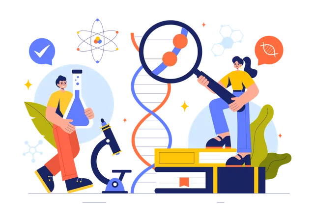 Equipe de cientistas trabalhando em pesquisa microscópica  Ilustração