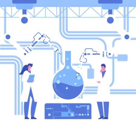 Equipe de cientistas trabalhando em produtos químicos em laboratório científico automatizado  Ilustração