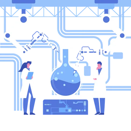 Equipe de cientistas trabalhando em produtos químicos em laboratório científico automatizado  Ilustração