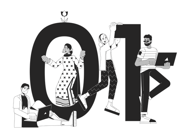Equipe de desenvolvedores de software com código binário  Ilustração