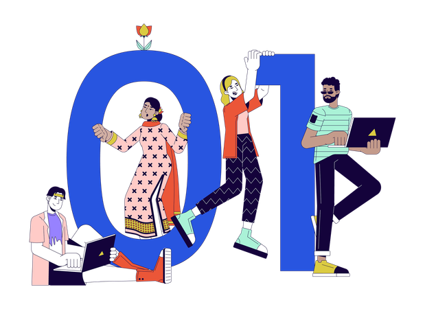 Equipe de desenvolvedores de software com código binário  Ilustração