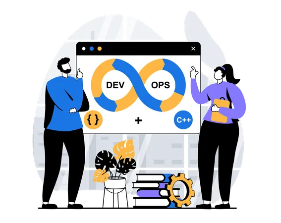 Equipe de desenvolvedores trabalhando em DevOps  Ilustração