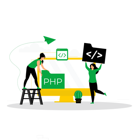 Equipe de desenvolvimento Web trabalhando em código PHP  Ilustração