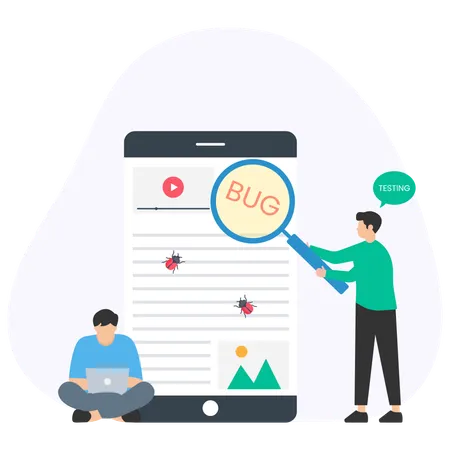 L'équipe de développement trouve des bugs dans l'application mobile  Illustration
