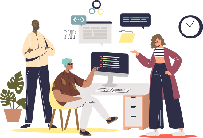 Équipe de développeurs Web et de programmeurs travaillant ensemble  Illustration