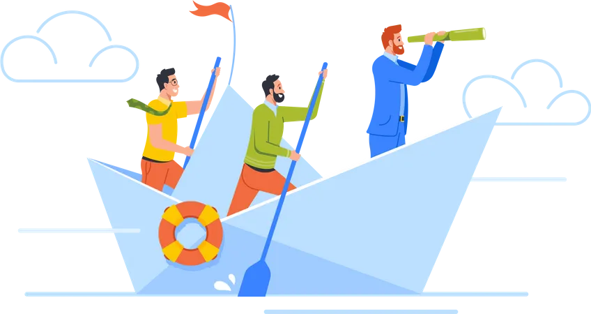 Equipe de empresários flutuando em navio de papel olhando para a luneta  Ilustração