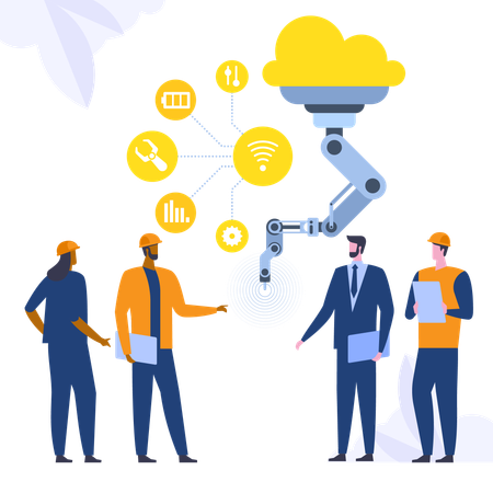 Equipe de engenheiros em produção automatizada em fábrica de indústria inteligente  Ilustração