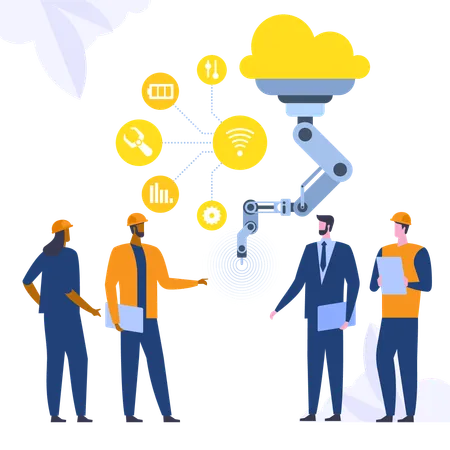 Equipe de engenheiros em produção automatizada em fábrica de indústria inteligente  Ilustração