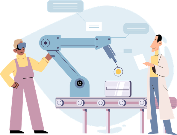 Equipe de engenheiros trabalha com tecnologia automatizada  Illustration