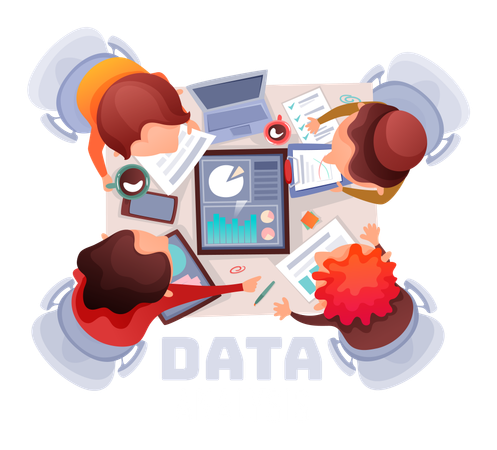 Equipe do escritório discute projeto com gráfico e diagrama  Ilustração