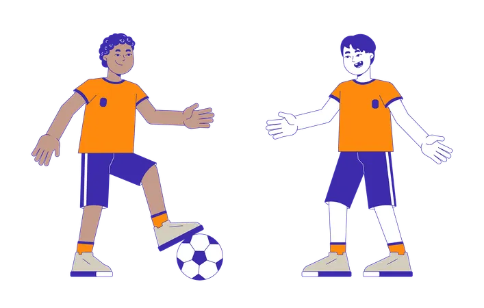 Les enfants de l'équipe de football jouent au ballon  Illustration