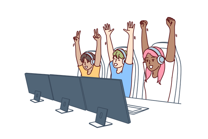 Equipe de jogadores adolescentes ganhou videogame multijogador e está levantando as mãos em triunfo  Ilustração