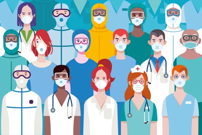 Équipe de médecins ou d'infirmières, femmes et hommes, portant différents équipements de protection individuelle pour travailler dans un hôpital afin de lutter contre le virus covid-19  Illustration