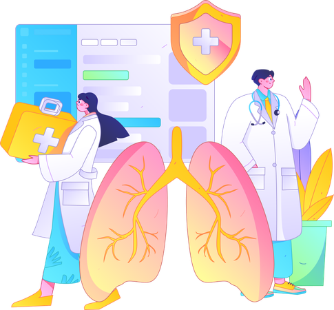 Equipe médica trabalhando em infecção pulmonar  Ilustração