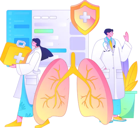 Equipe médica trabalhando em infecção pulmonar  Ilustração