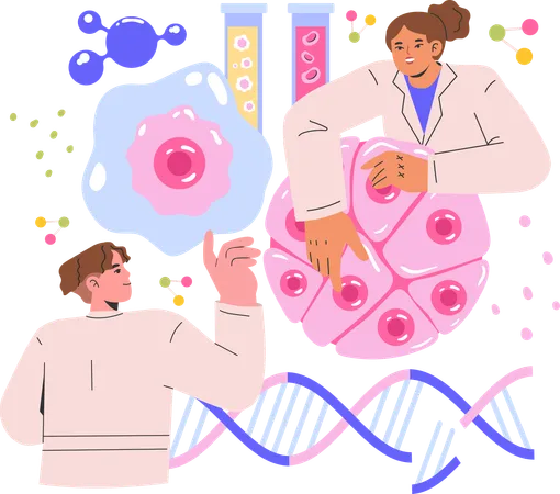 Equipe médica trabalhando junta para criar produto químico para micróbios  Ilustração