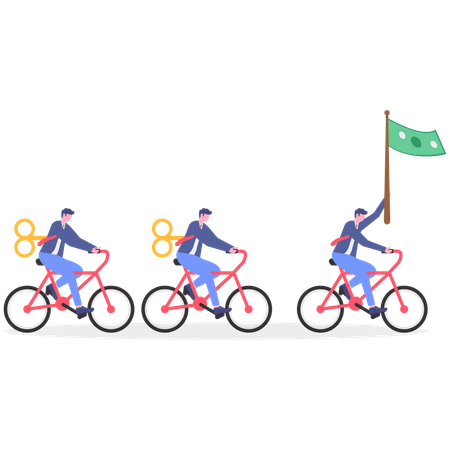 Equipe de negócios anda de bicicleta para ganhar mais dinheiro  Ilustração