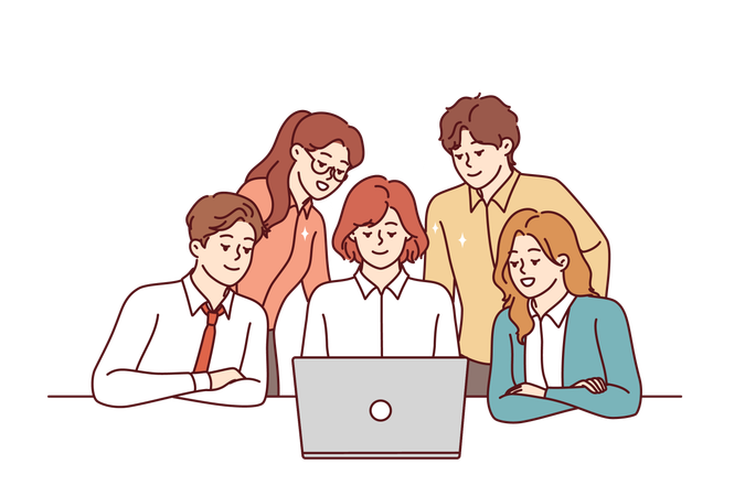 Equipe de negócios bem sucedida olha para laptop  Ilustração
