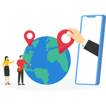 Equipe de negócios coloca nova filial no mapa mundial em todo o mundo  Ilustração