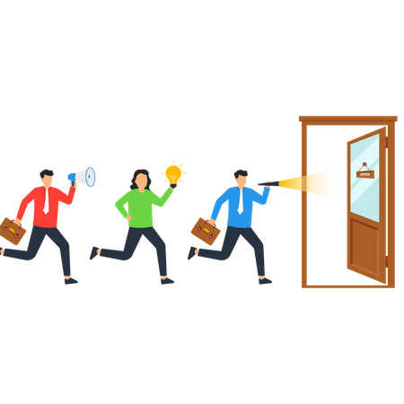 Equipe de negócios correndo em direção à porta da oportunidade  Ilustração