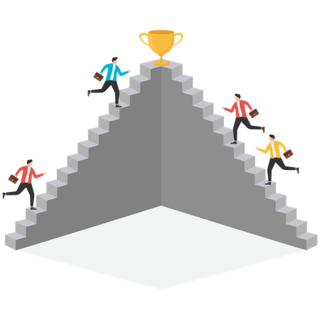 Equipe de negócios correndo em escadas para o troféu de negócios  Ilustração