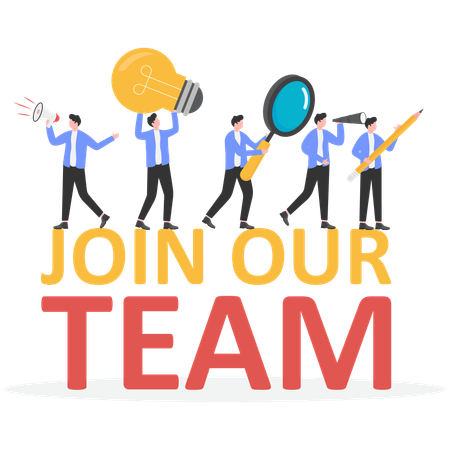 Equipe de negócios em pé com o texto JUNTE-SE À NOSSA EQUIPE  Ilustração