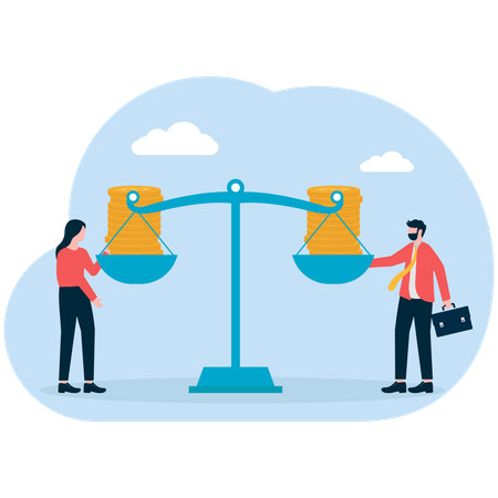 Equipe de negócios equilibra dinheiro em balança  Ilustração