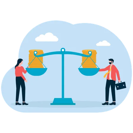 Equipe de negócios equilibra dinheiro em balança  Ilustração