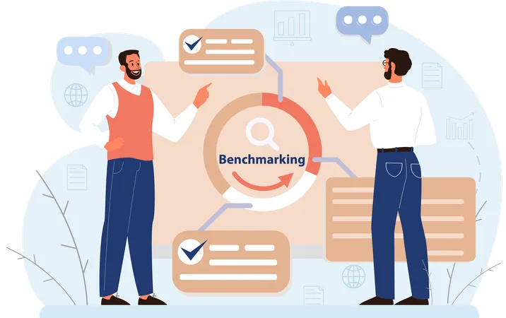 Equipe de negócios fazendo análise de benchmarking  Ilustração