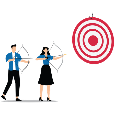 Equipe de negócios em pé ao lado de um alvo enorme, pronta para atirar  Ilustração