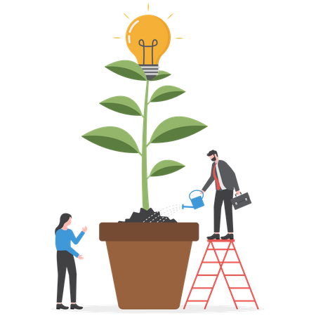 Equipe de negócios regando a árvore em crescimento com ideia de negócio  Ilustração
