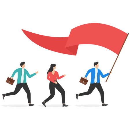 Equipe de negócios segurando bandeira e correndo para o sucesso  Ilustração