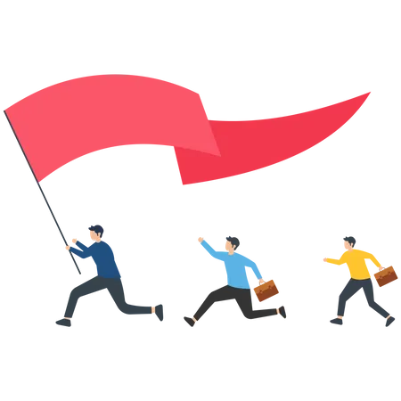 Equipe de negócios segurando bandeira e correndo para o sucesso  Ilustração