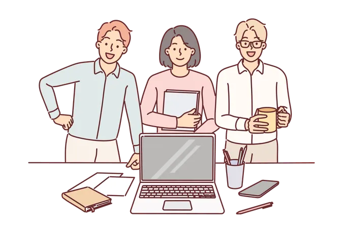 Equipe de negócios sorrindo em pé perto da mesa com laptop no escritório e reportando ao gerente sobre o trabalho realizado  Ilustração