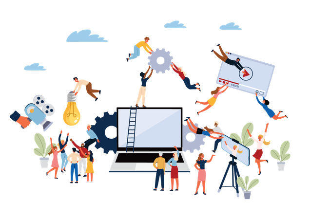 Equipe de negócios trabalha em marketing de vídeo  Ilustração