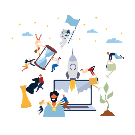 Equipe de negócios trabalha no lançamento do produto  Ilustração
