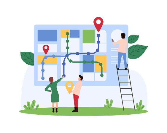 Equipe de negócios trabalhando em navegação colaborativa de mapas  Ilustração