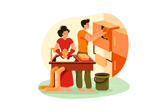 Équipe de nettoyage lavant et rangeant la vaisselle  Illustration